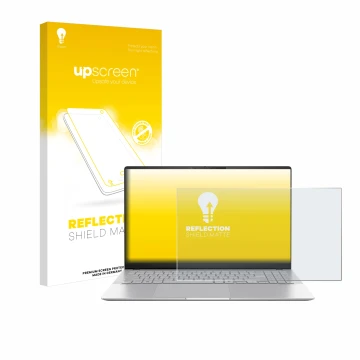 Parte frontal de un envase de producto con el logotipo de la marca upscreen. Al lado se muestra el dispositivo ASUS Vivobook S