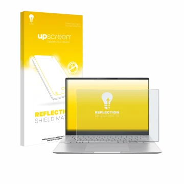 Parte frontal de un envase de producto con el logotipo de la marca upscreen. Al lado se muestra el dispositivo ASUS Vivobook S
