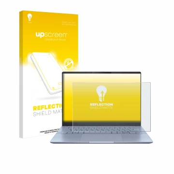 Parte frontal de un envase de producto con el logotipo de la marca upscreen. Al lado se muestra el dispositivo ASUS Vivobook S