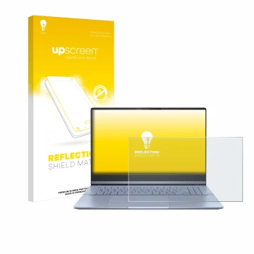 Parte frontal de un envase de producto con el logotipo de la marca upscreen. Al lado se muestra el dispositivo ASUS Vivobook S