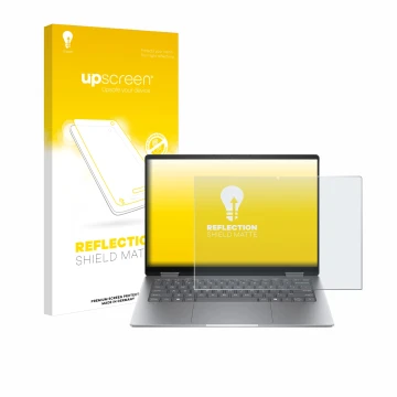 Parte frontal de un envase de producto con el logotipo de la marca upscreen. Al lado se muestra el dispositivo HP Envy x360 14