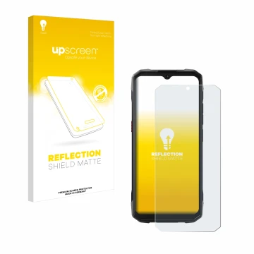 Parte frontal de un envase de producto con el logotipo de la marca upscreen. Al lado se muestra el dispositivo Hotwav Cyber 15