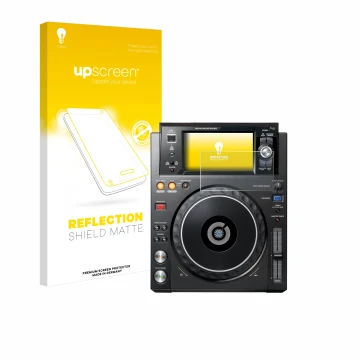 Parte frontal de un envase de producto con el logotipo de la marca upscreen. Al lado se muestra el dispositivo Pioneer XDJ -10