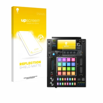 Parte frontal de un envase de producto con el logotipo de la marca upscreen. Al lado se muestra el dispositivo Pioneer DJS -10