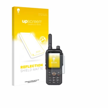 Parte frontal de un envase de producto con el logotipo de la marca upscreen. Al lado se muestra el dispositivo Inrico T320 con