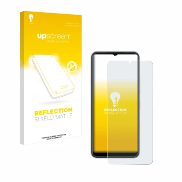 Parte frontal de un envase de producto con el logotipo de la marca upscreen. Al lado se muestra el dispositivo Telekom T Phone