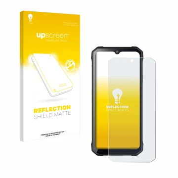 Parte frontal de un envase de producto con el logotipo de la marca upscreen. Al lado se muestra el dispositivo Hotwav T7 con s