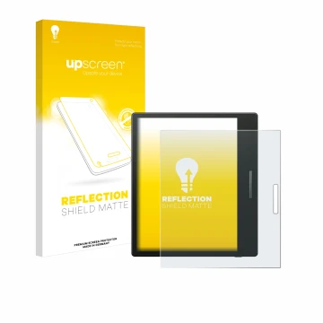 Parte frontal de un envase de producto con el logotipo de la marca upscreen. Al lado se muestra el dispositivo Boox Go Color 7