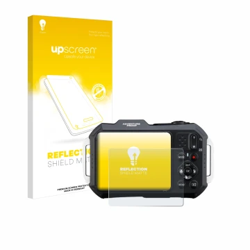 Parte frontal de un envase de producto con el logotipo de la marca upscreen. Al lado se muestra el dispositivo Ricoh Pentax WG