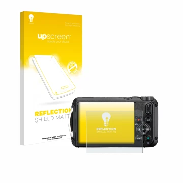 Parte frontal de un envase de producto con el logotipo de la marca upscreen. Al lado se muestra el dispositivo Ricoh Pentax WG