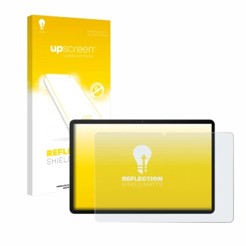 Parte frontal de un envase de producto con el logotipo de la marca upscreen. Al lado se muestra el dispositivo Huawei MatePad 