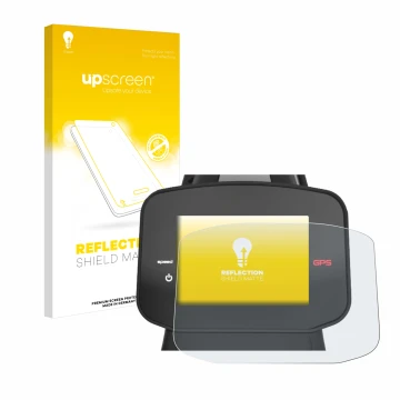 Parte frontal de un envase de producto con el logotipo de la marca upscreen. Al lado se muestra el dispositivo PowaKaddy FX7 G