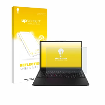 Parte frontal de un envase de producto con el logotipo de la marca upscreen. Al lado se muestra el dispositivo Lenovo ThinkPad