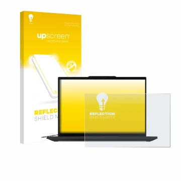 Parte frontal de un envase de producto con el logotipo de la marca upscreen. Al lado se muestra el dispositivo Lenovo ThinkPad