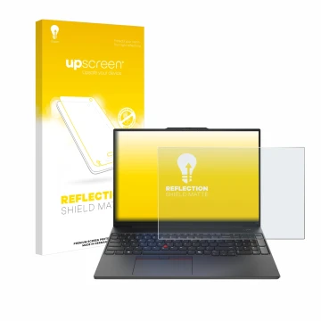Parte frontal de un envase de producto con el logotipo de la marca upscreen. Al lado se muestra el dispositivo Lenovo ThinkPad