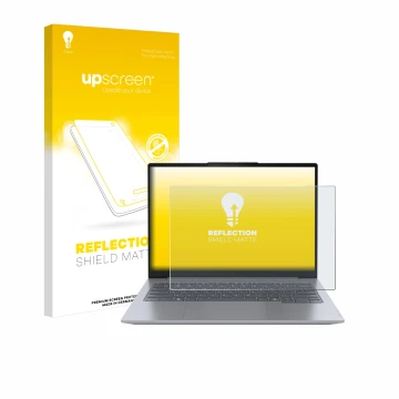 Parte frontal de un envase de producto con el logotipo de la marca upscreen. Al lado se muestra el dispositivo Lenovo ThinkBoo