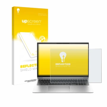 Parte frontal de un envase de producto con el logotipo de la marca upscreen. Al lado se muestra el dispositivo HP EliteBook 84