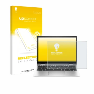 Parte frontal de un envase de producto con el logotipo de la marca upscreen. Al lado se muestra el dispositivo HP Elite x360 8