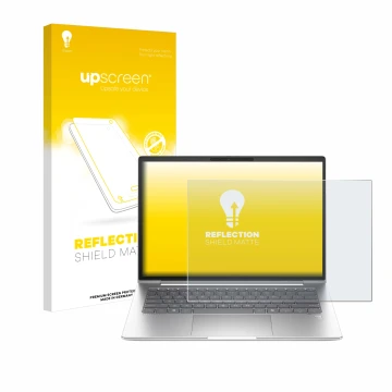 Parte frontal de un envase de producto con el logotipo de la marca upscreen. Al lado se muestra el dispositivo HP EliteBook 64
