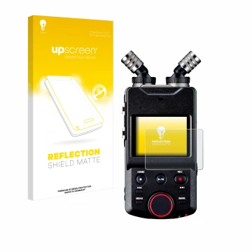Parte frontal de un envase de producto con el logotipo de la marca upscreen. Al lado se muestra el dispositivo Tascam Portacap