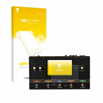 Parte frontal de un envase de producto con el logotipo de la marca upscreen. Al lado se muestra el dispositivo Headrush Core c