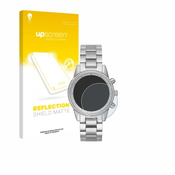 Parte frontal de un envase de producto con el logotipo de la marca upscreen. Al lado se muestra el dispositivo Michael Kors Ri