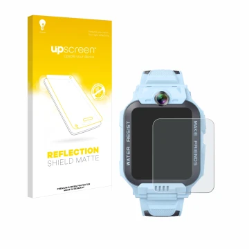 Parte frontal de un envase de producto con el logotipo de la marca upscreen. Al lado se muestra el dispositivo Imoo Watch Phon