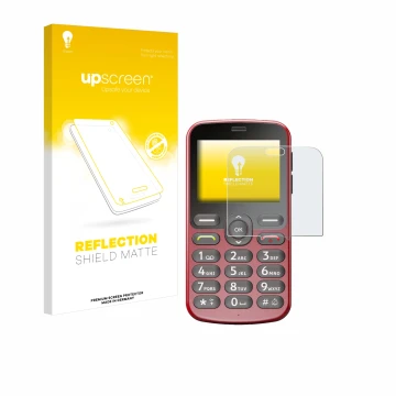 Parte frontal de un envase de producto con el logotipo de la marca upscreen. Al lado se muestra el dispositivo Doro 1880 con s