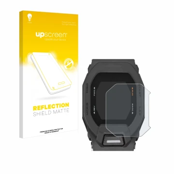 Parte frontal de un envase de producto con el logotipo de la marca upscreen. Al lado se muestra el dispositivo Casio G-Shock G