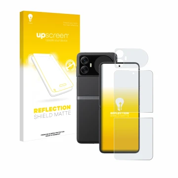 Parte frontal de un envase de producto con el logotipo de la marca upscreen. Al lado se muestra el dispositivo Blackview Hero 