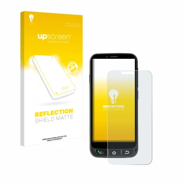 Parte frontal de un envase de producto con el logotipo de la marca upscreen. Al lado se muestra el dispositivo SPC Zeus 4G Pro