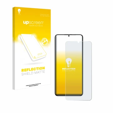 Parte frontal de un envase de producto con el logotipo de la marca upscreen. Al lado se muestra el dispositivo Oukitel C50 con