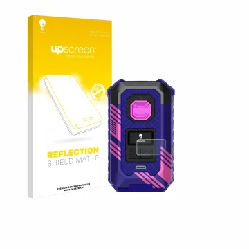 Parte frontal de un envase de producto con el logotipo de la marca upscreen. Al lado se muestra el dispositivo Vaporesso Armou