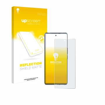 Parte frontal de un envase de producto con el logotipo de la marca upscreen. Al lado se muestra el dispositivo HTC U24 Pro con