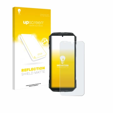 Parte frontal de un envase de producto con el logotipo de la marca upscreen. Al lado se muestra el dispositivo Doogee S Punk c