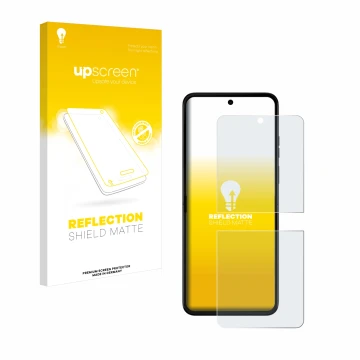 Parte frontal de un envase de producto con el logotipo de la marca upscreen. Al lado se muestra el dispositivo Motorola Razr 5
