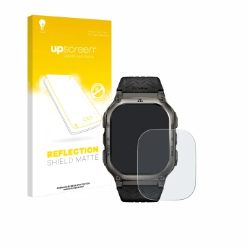 Parte frontal de un envase de producto con el logotipo de la marca upscreen. Al lado se muestra el dispositivo Kospet Tank M3 