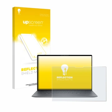 Parte frontal de un envase de producto con el logotipo de la marca upscreen. Al lado se muestra el dispositivo Dell XPS 13 934