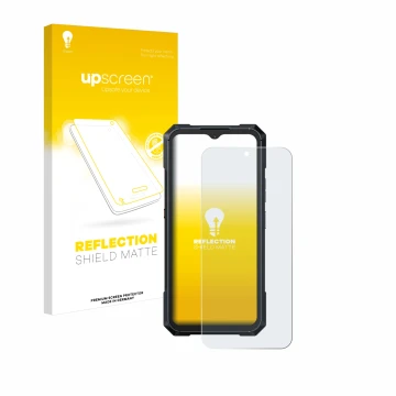 Parte frontal de un envase de producto con el logotipo de la marca upscreen. Al lado se muestra el dispositivo Cubot King Kong