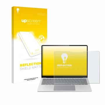 Parte frontal de un envase de producto con el logotipo de la marca upscreen. Al lado se muestra el dispositivo Microsoft Surfa