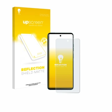 Parte frontal de un envase de producto con el logotipo de la marca upscreen. Al lado se muestra el dispositivo Motorola Moto G