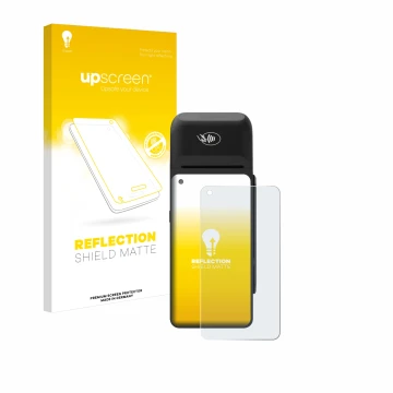 Parte frontal de un envase de producto con el logotipo de la marca upscreen. Al lado se muestra el dispositivo Verifone T650c 