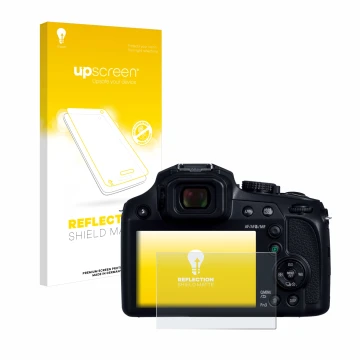 Parte frontal de un envase de producto con el logotipo de la marca upscreen. Al lado se muestra el dispositivo Panasonic Lumix