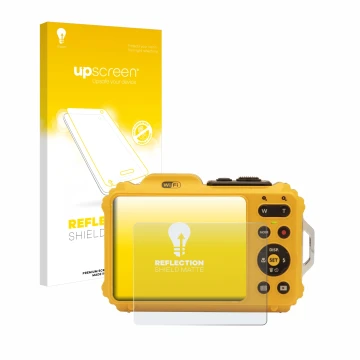 Parte frontal de un envase de producto con el logotipo de la marca upscreen. Al lado se muestra el dispositivo Kodak Pixpro WP