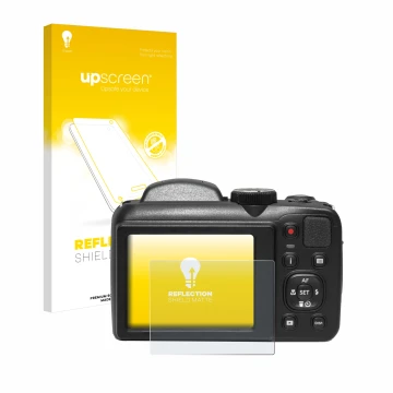 Parte frontal de un envase de producto con el logotipo de la marca upscreen. Al lado se muestra el dispositivo Kodak Pixpro AZ