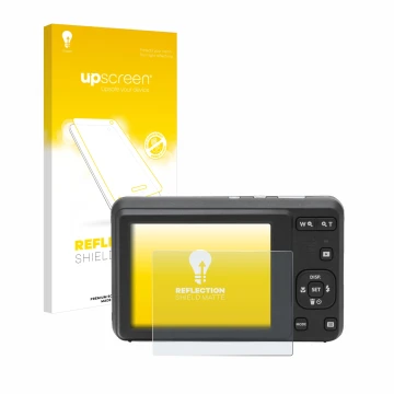 Parte frontal de un envase de producto con el logotipo de la marca upscreen. Al lado se muestra el dispositivo Kodak Pixpro FZ