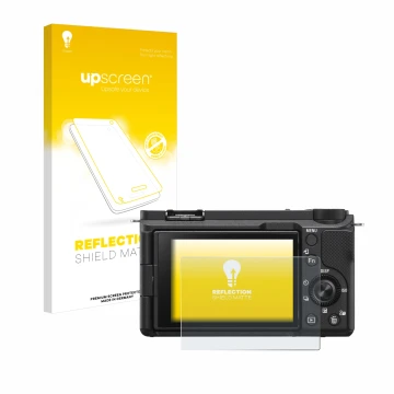 Parte frontal de un envase de producto con el logotipo de la marca upscreen. Al lado se muestra el dispositivo Sony Alpha ZV-E