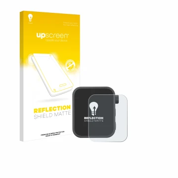 Parte frontal de un envase de producto con el logotipo de la marca upscreen. Al lado se muestra el dispositivo Godox X3 con su