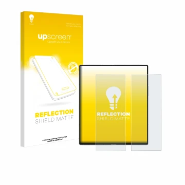 Parte frontal de un envase de producto con el logotipo de la marca upscreen. Al lado se muestra el dispositivo Samsung Galaxy 