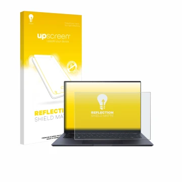 Parte frontal de un envase de producto con el logotipo de la marca upscreen. Al lado se muestra el dispositivo ASUS ZenBook Pr